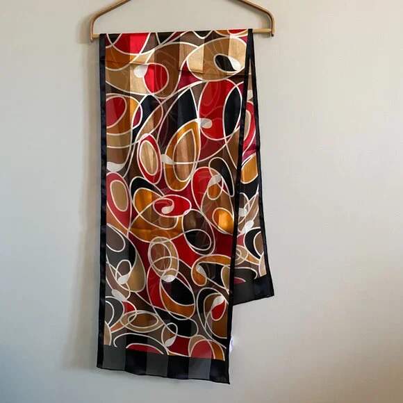2/$20 👒 Vintage Oldstock Sheer Scarf with Red, Black, Orange Abstract Pattern - Picture 4 of 8